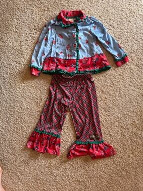 Matilda Jane Red & Light Blue Ruffle Pajama Set with Plaid Pants